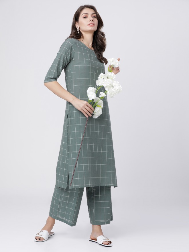 Vishudh Women Green Checked Kurta Sets 